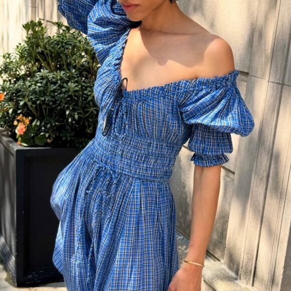 Doen Dresses & Skirts - NWT Doen Ischia Cotton Voile Smocked Midi Maxi Dress Cassis Check Blue Plaid